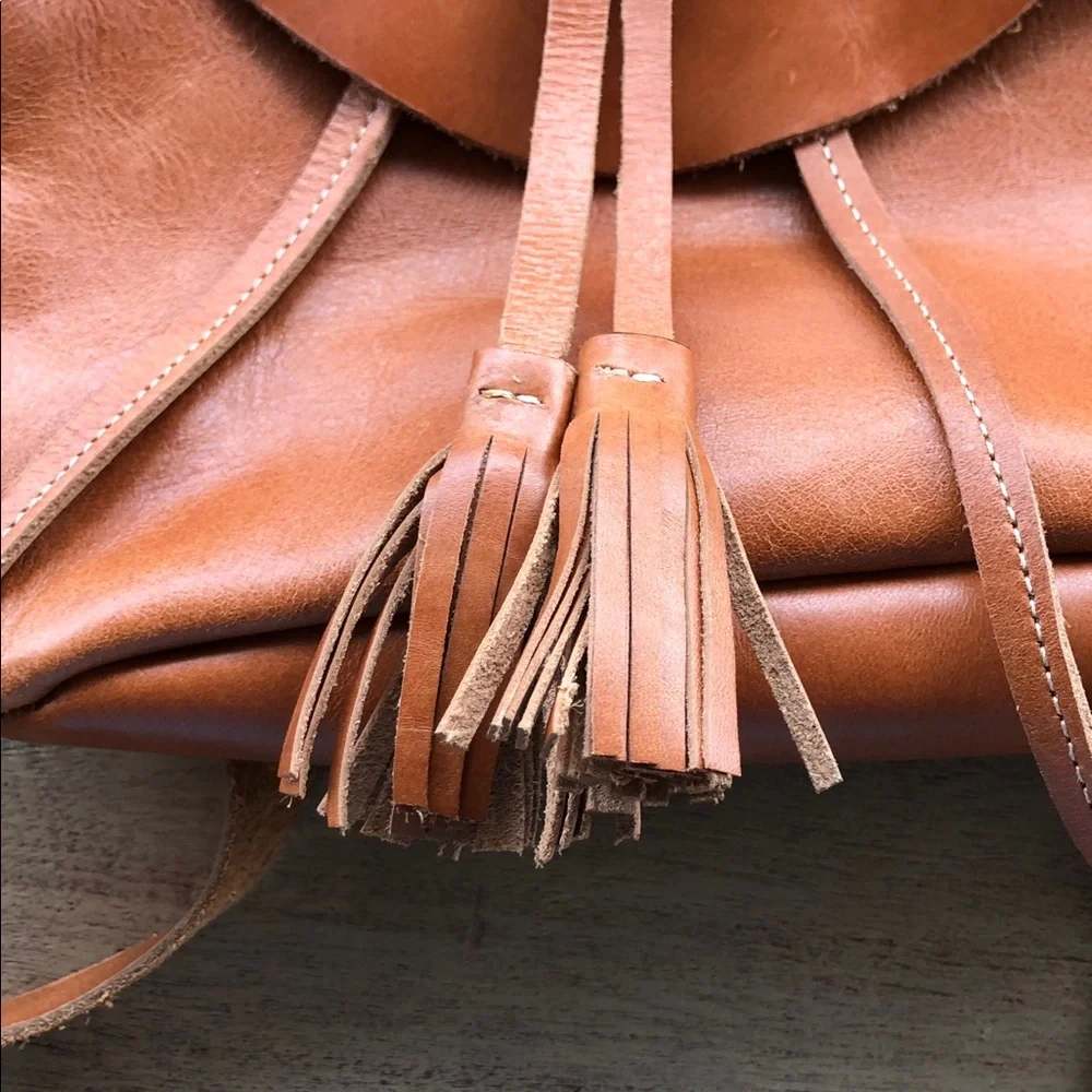 Leather Tassel Drawstring Backpack - Brown